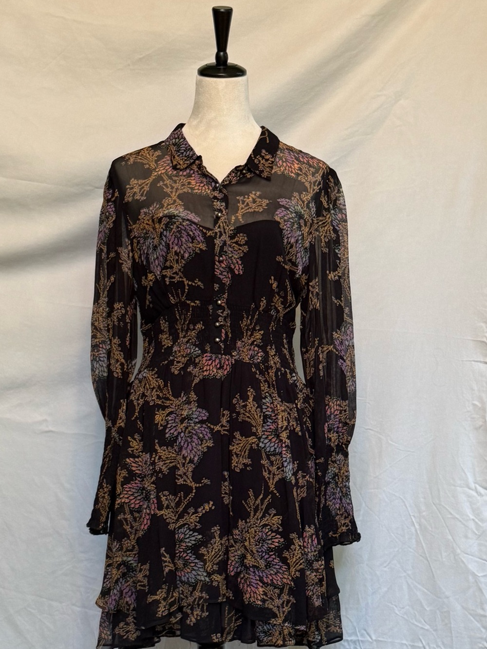 Free People Black Floral Button-Front Long Sleeve Dress